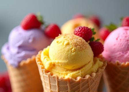 Colorful scoops of artisanal ice cream in waffle cones, garnished with fresh berries.