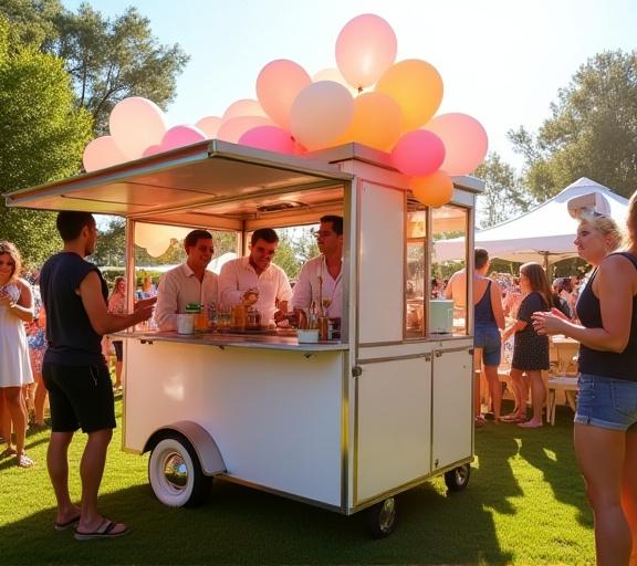 The Permafrost Pops mobile catering cart, decorated with cheerful balloons, at a sunny outdoor wedding reception with happy guests.