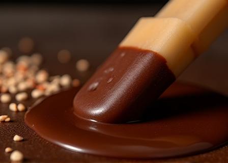 An ice pop being carefully dipped into a pool of melted dark chocolate at a dessert bar.