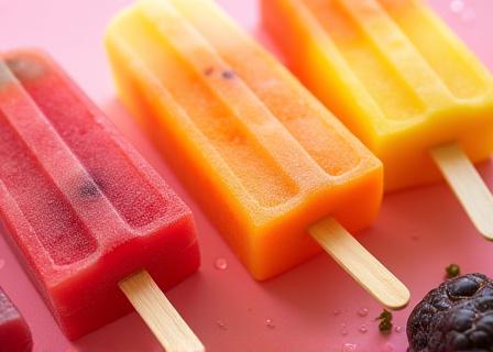 An assortment of gourmet, handcrafted fruit ice lollies with visible fruit pieces and vibrant colors.