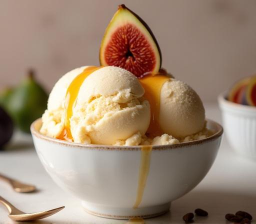 A beautiful scoop of roasted fig and honey ice cream topped with a fresh fig slice and a drizzle of honey in an elegant bowl.